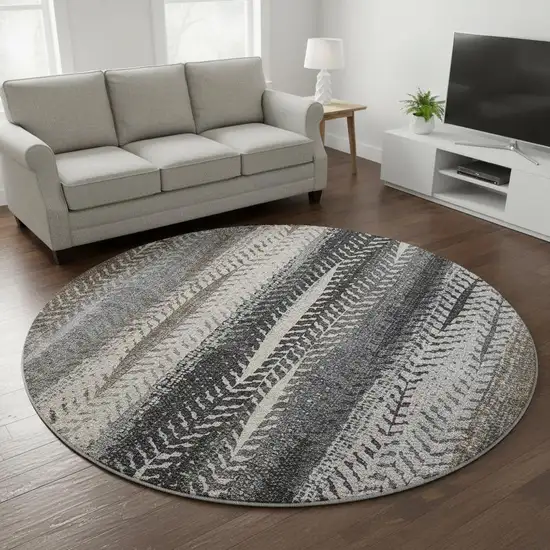 8' Brown Gray And Ivory Striped Washable Round Rug With UV Protection Photo 2