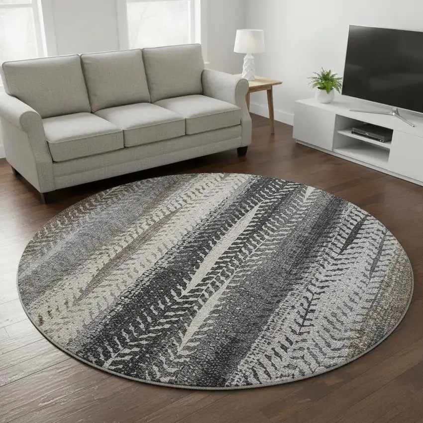 8' Brown Gray And Ivory Striped Washable Round Rug With UV Protection Photo 2