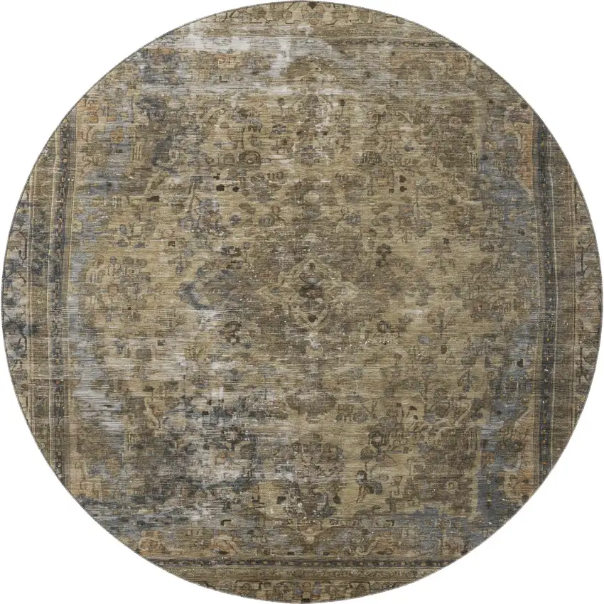8' Brown Gray And Silver Floral Medallion Washable Round Rug With UV Protection Photo 3