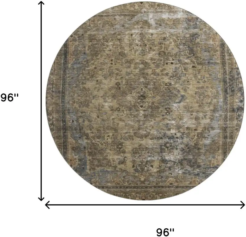 8' Brown Gray And Silver Floral Medallion Washable Round Rug With UV Protection Photo 9