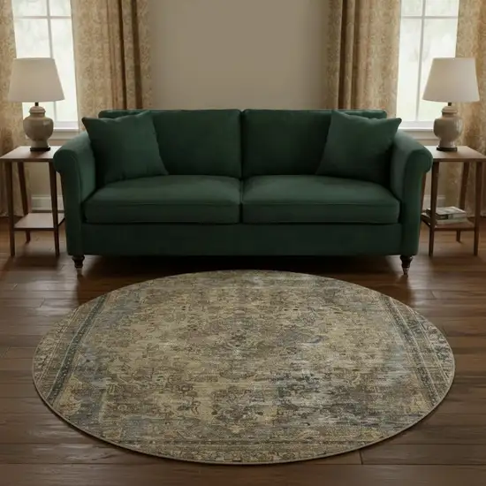 8' Brown Gray And Silver Floral Medallion Washable Round Rug With UV Protection Photo 2