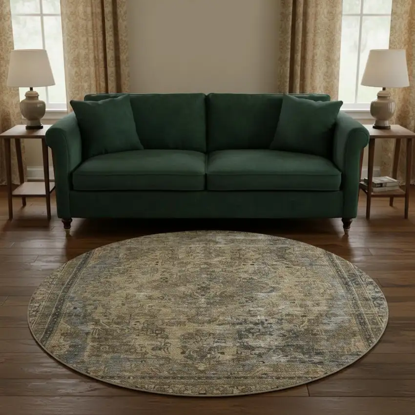 8' Brown Gray And Silver Floral Medallion Washable Round Rug With UV Protection Photo 2