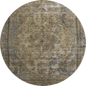 Photo of 8' Brown Gray And Silver Floral Medallion Washable Round Rug With UV Protection