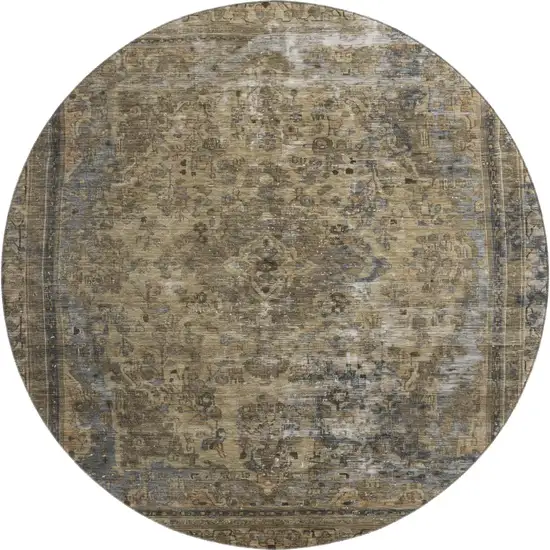 8' Brown Gray And Silver Floral Medallion Washable Round Rug With UV Protection Photo 1