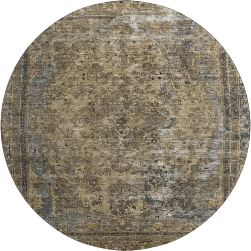 8' Brown Gray And Silver Floral Medallion Washable Round Rug With UV Protection Photo 1