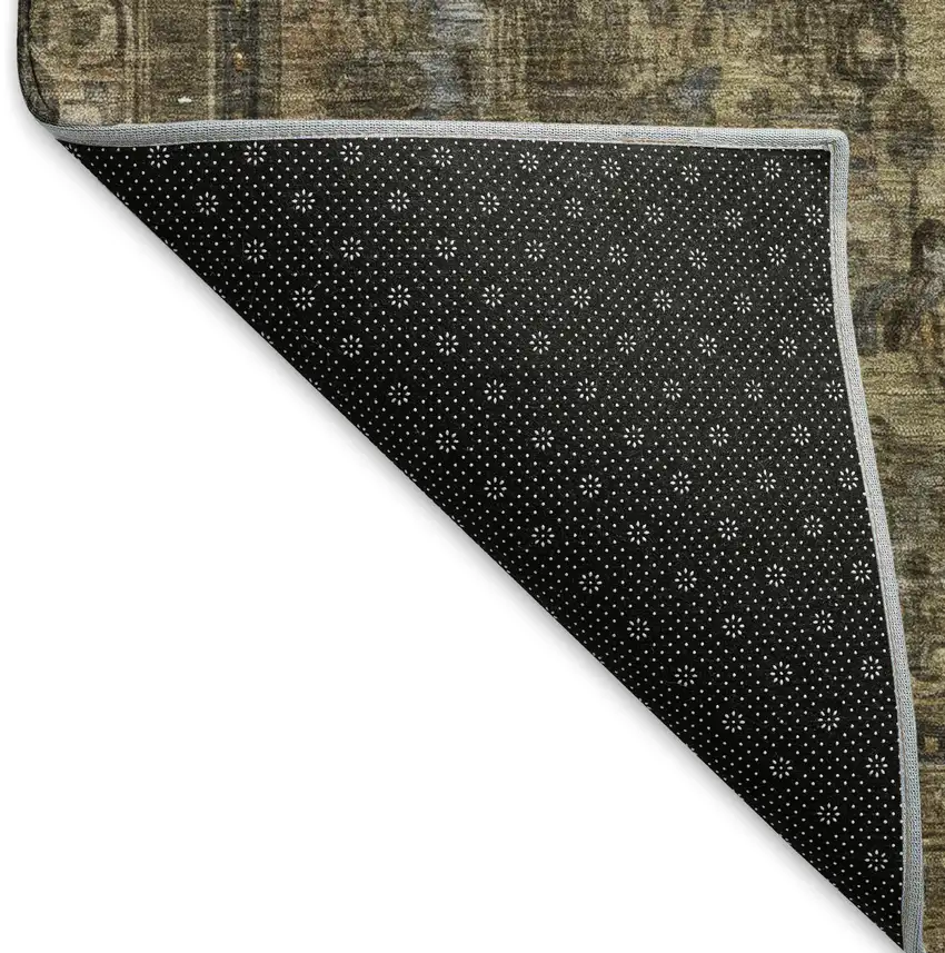 8' Brown Gray And Silver Floral Medallion Washable Round Rug With UV Protection Photo 5