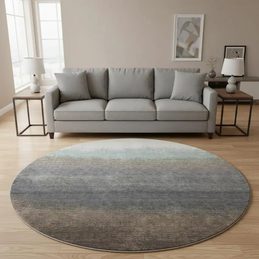 8' Brown Gray And Silver Ombre Washable Round Rug With UV Protection Photo 2