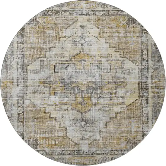 8' Brown Gray And Silver Oriental Washable Round Rug With UV Protection Photo 3