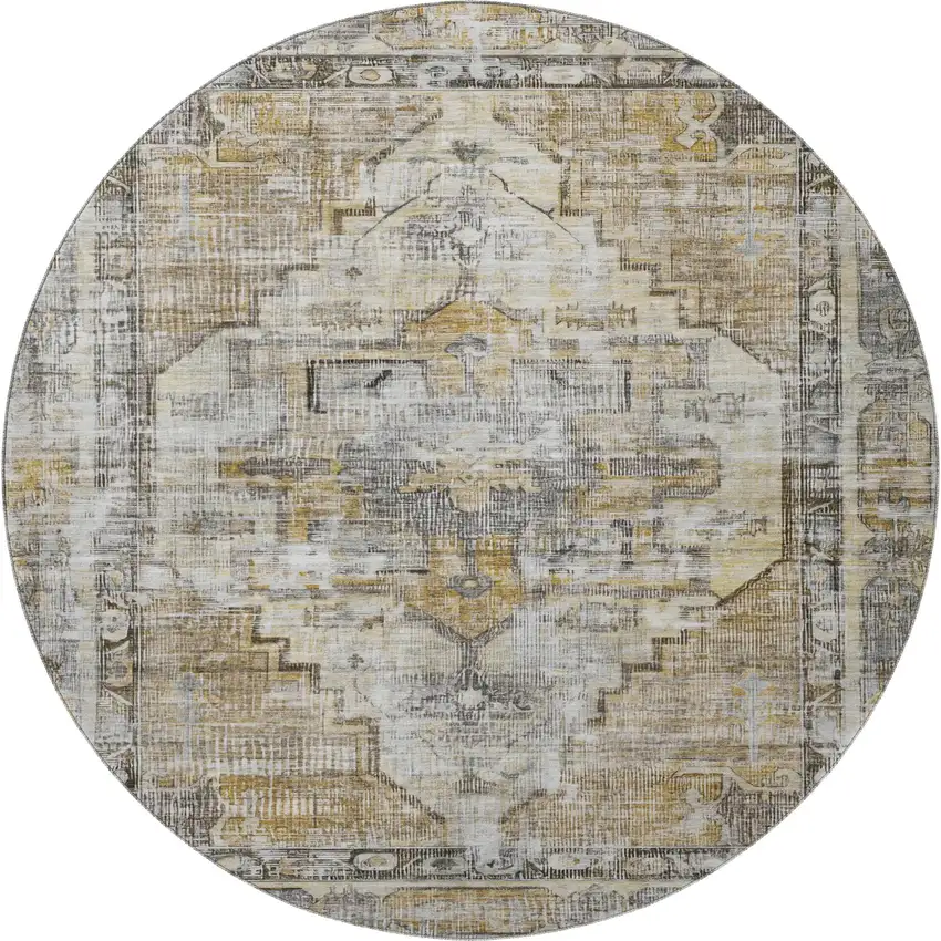8' Brown Gray And Silver Oriental Washable Round Rug With UV Protection Photo 3