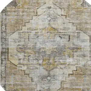 Photo of 8' Brown Gray And Silver Oriental Washable Round Rug With UV Protection