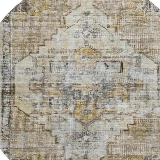 8' Brown Gray And Silver Oriental Washable Round Rug With UV Protection Photo 2