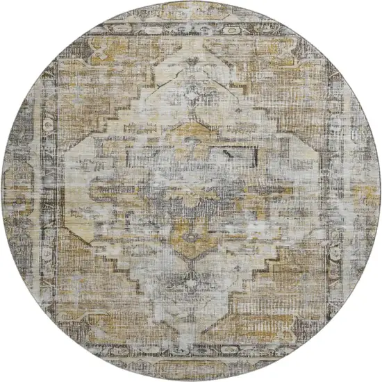 8' Brown Gray And Silver Oriental Washable Round Rug With UV Protection Photo 1