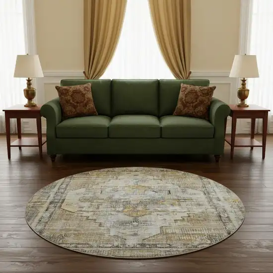 8' Brown Gray And Silver Oriental Washable Round Rug With UV Protection Photo 2