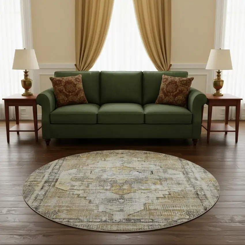 8' Brown Gray And Silver Oriental Washable Round Rug With UV Protection Photo 2