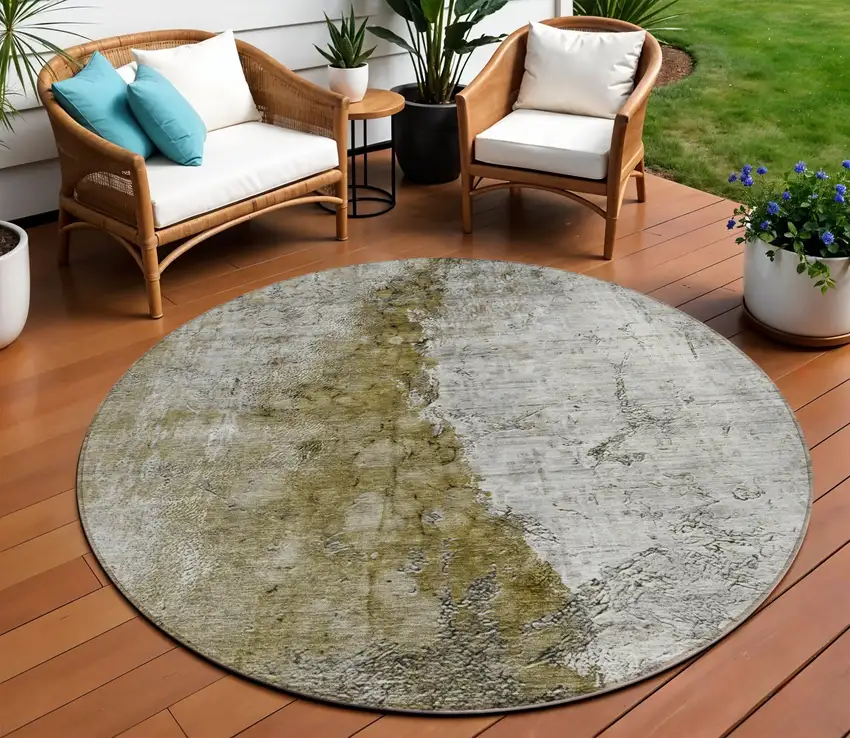 8' Brown Gray And Silver Round Abstract Washable Indoor Outdoor Area Rug Photo 1