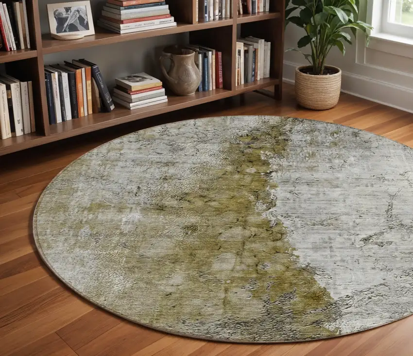 8' Brown Gray And Silver Round Abstract Washable Indoor Outdoor Area Rug Photo 7