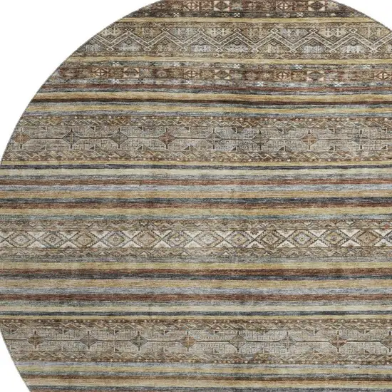 8' Brown Gray And Silver Striped Washable Round Rug With UV Protection Photo 2