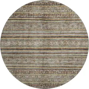 Photo of 8' Brown Gray And Silver Striped Washable Round Rug With UV Protection