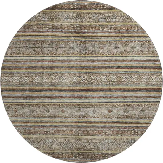 8' Brown Gray And Silver Striped Washable Round Rug With UV Protection Photo 1