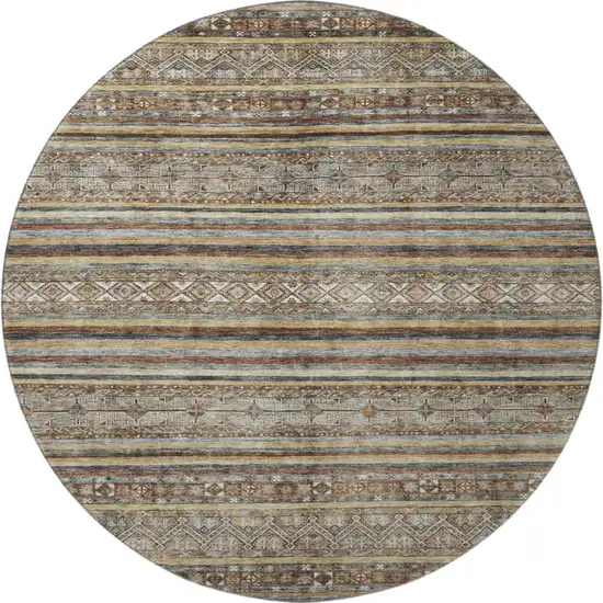 8' Brown Gray And Silver Striped Washable Round Rug With UV Protection Photo 3