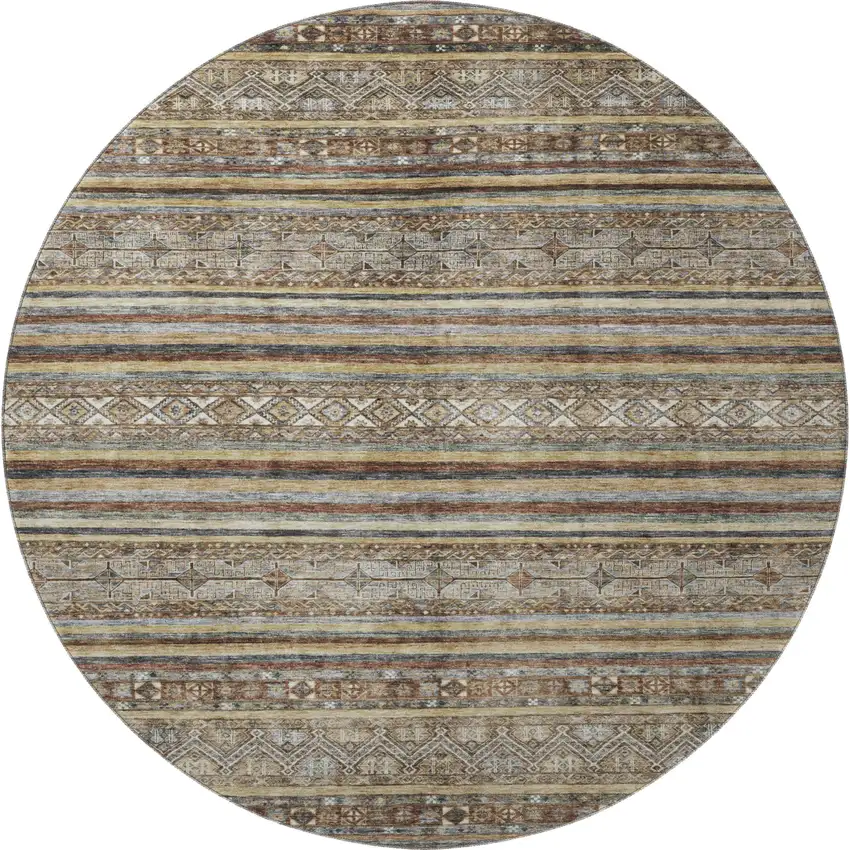 8' Brown Gray And Silver Striped Washable Round Rug With UV Protection Photo 3