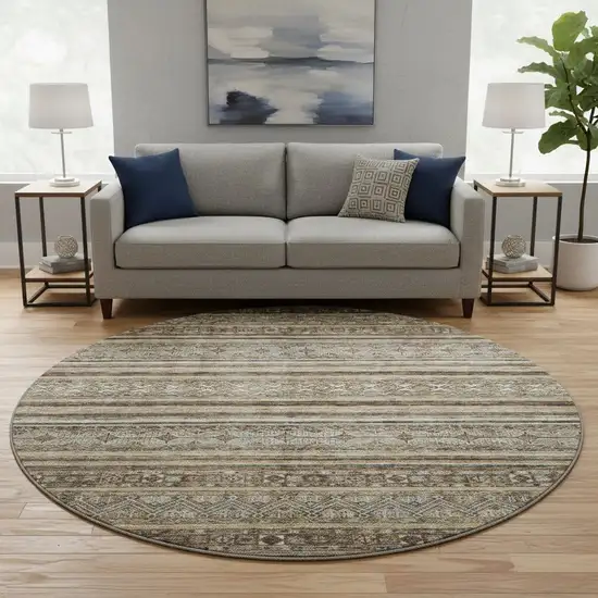 8' Brown Gray And Silver Striped Washable Round Rug With UV Protection Photo 2