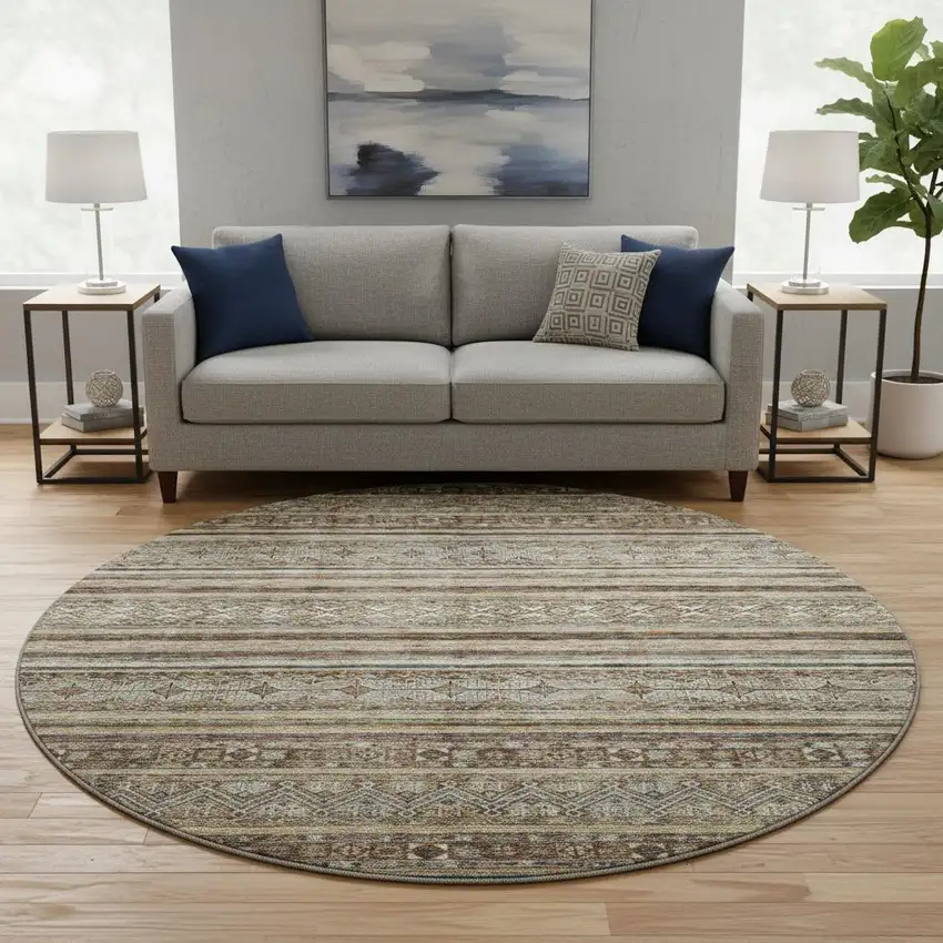 8' Brown Gray And Silver Striped Washable Round Rug With UV Protection Photo 2