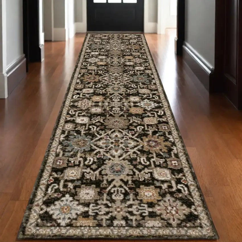 12' Brown Gray And Tan Oriental Runner Rug Photo 1