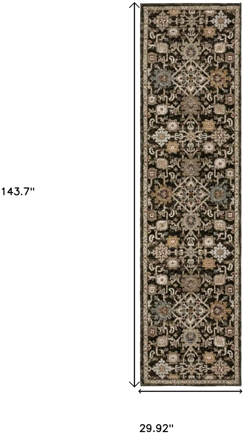 12' Brown Gray And Tan Oriental Runner Rug Photo 3