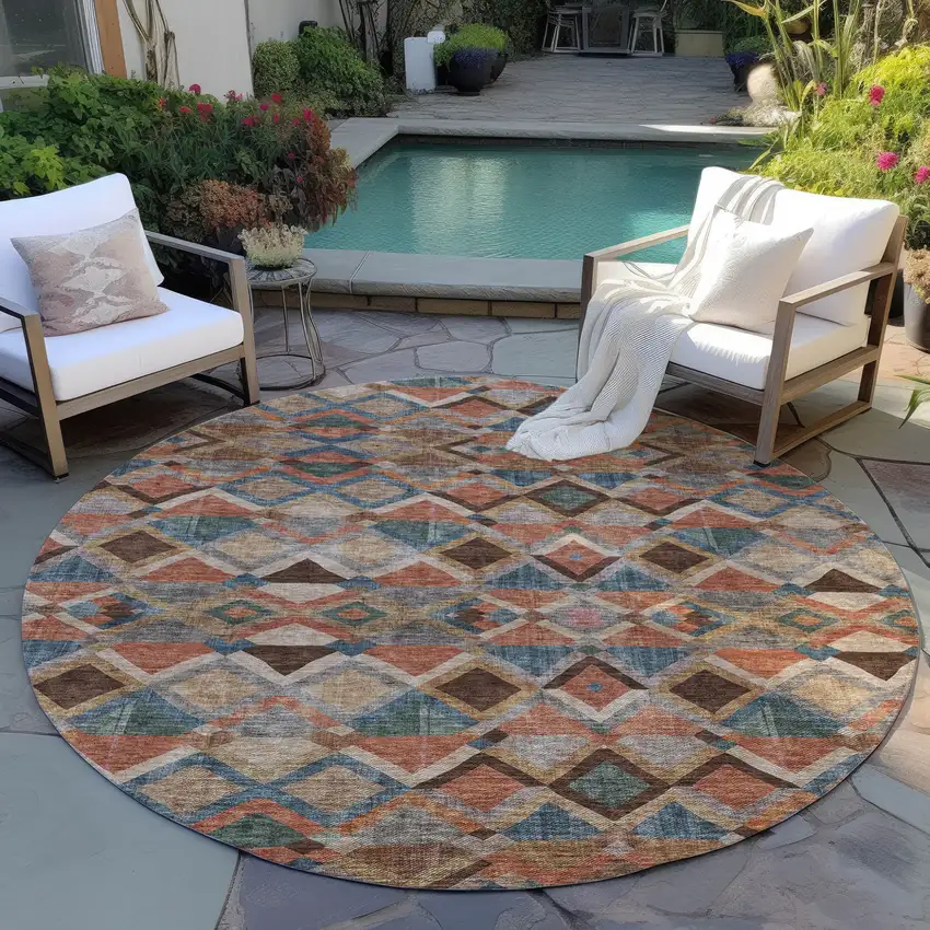 8' Brown Gray And Tan Round Geometric Washable Indoor Outdoor Area Rug Photo 8