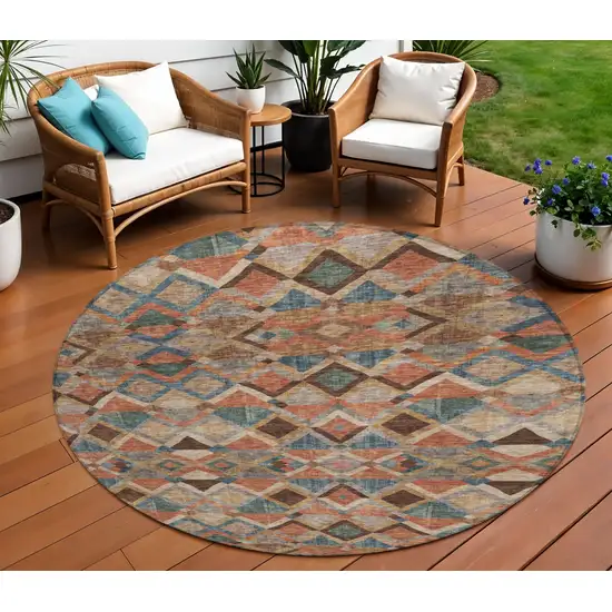 8' Brown Gray And Tan Round Geometric Washable Indoor Outdoor Area Rug Photo 1