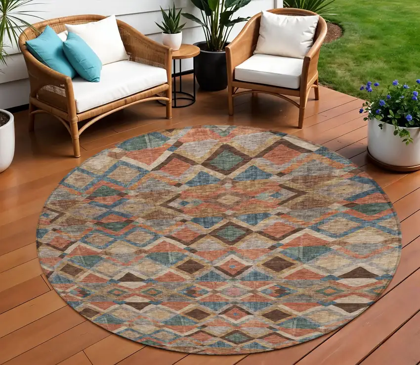 8' Brown Gray And Tan Round Geometric Washable Indoor Outdoor Area Rug Photo 1