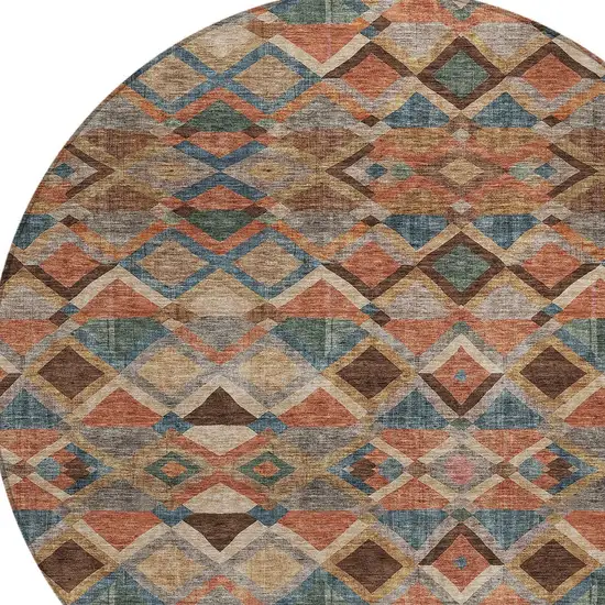 8' Brown Gray And Tan Round Geometric Washable Indoor Outdoor Area Rug Photo 5