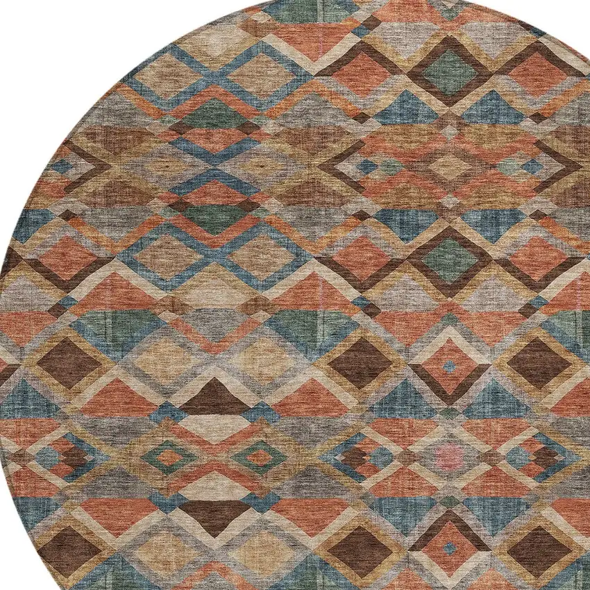8' Brown Gray And Tan Round Geometric Washable Indoor Outdoor Area Rug Photo 5