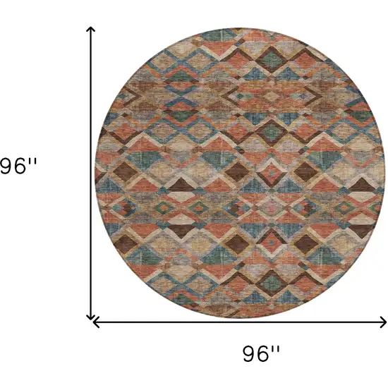 8' Brown Gray And Tan Round Geometric Washable Indoor Outdoor Area Rug Photo 8