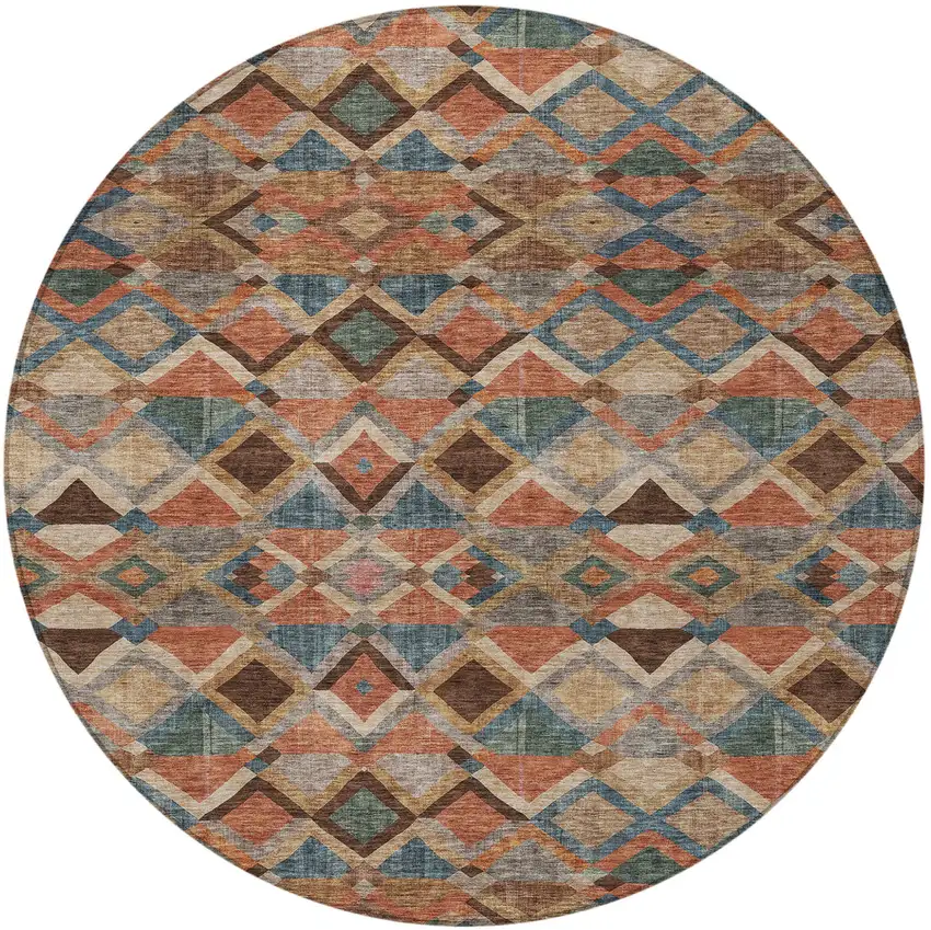 8' Brown Gray And Tan Round Geometric Washable Indoor Outdoor Area Rug Photo 7
