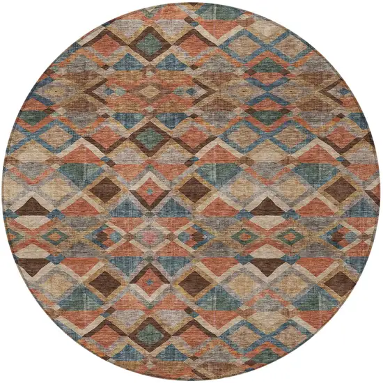 8' Brown Gray And Tan Round Geometric Washable Indoor Outdoor Area Rug Photo 7