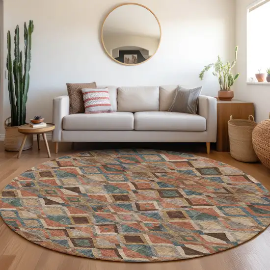 8' Brown Gray And Tan Round Geometric Washable Indoor Outdoor Area Rug Photo 9
