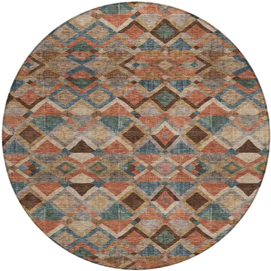 8' Brown Gray And Tan Round Geometric Washable Indoor Outdoor Area Rug Photo 2