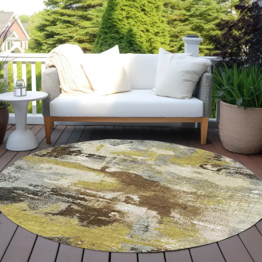 8' Brown Gray And Taupe Round Abstract Washable Indoor Outdoor Area Rug Photo 5