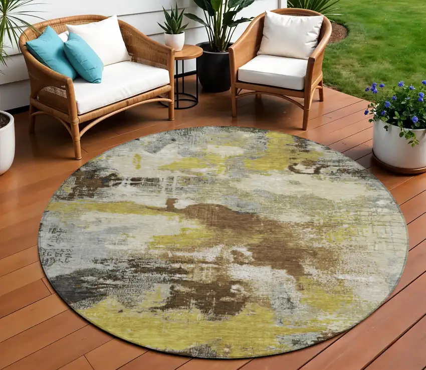 8' Brown Gray And Taupe Round Abstract Washable Indoor Outdoor Area Rug Photo 2