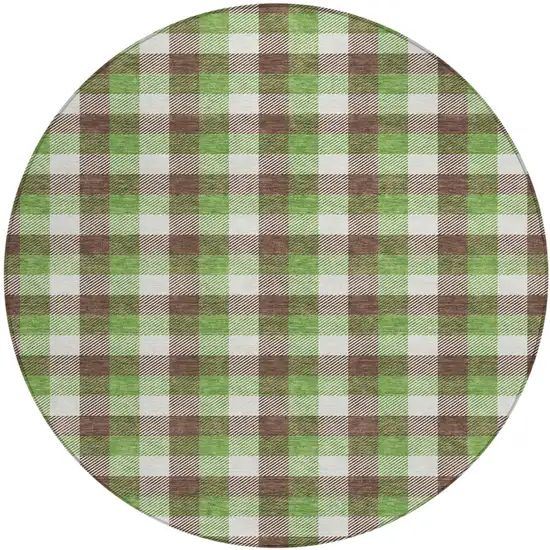 8' Brown Green And Beige Round Plaid Washable Indoor Outdoor Area Rug Photo 2