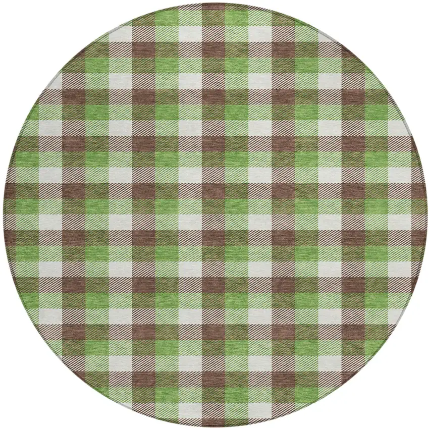 8' Brown Green And Beige Round Plaid Washable Indoor Outdoor Area Rug Photo 2