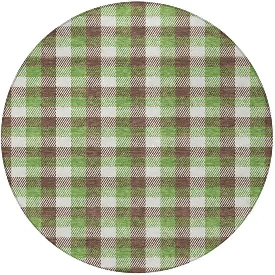 8' Brown Green And Beige Round Plaid Washable Indoor Outdoor Area Rug Photo 4