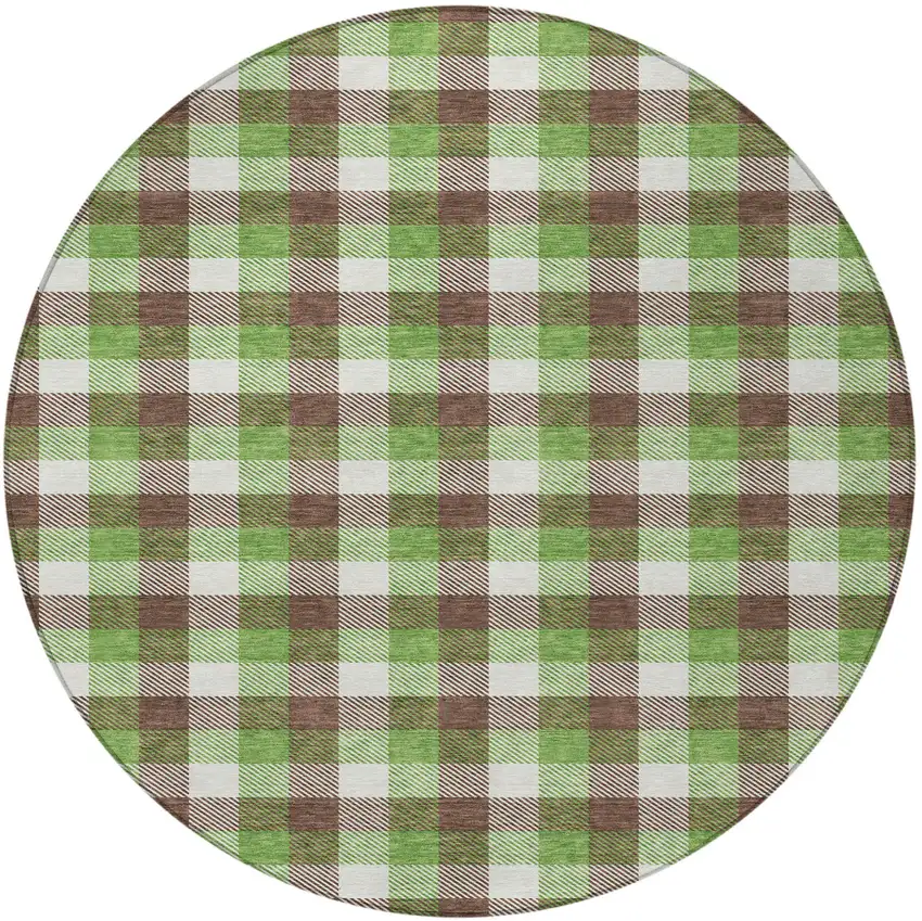 8' Brown Green And Beige Round Plaid Washable Indoor Outdoor Area Rug Photo 4