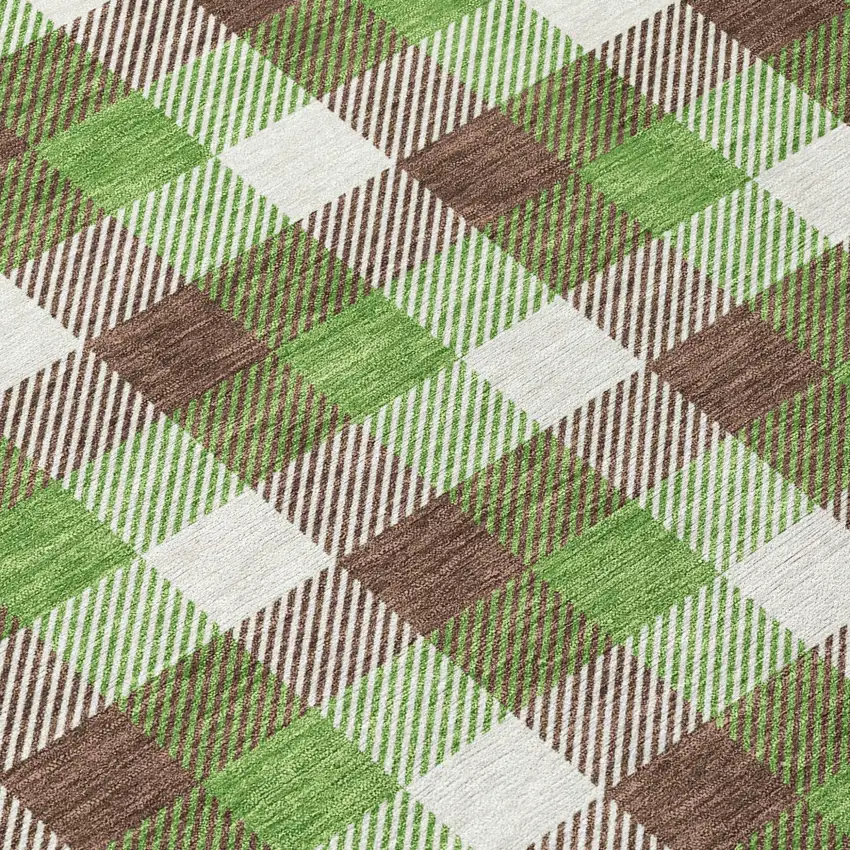 8' Brown Green And Beige Round Plaid Washable Indoor Outdoor Area Rug Photo 8