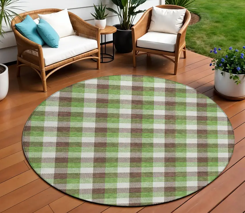8' Brown Green And Beige Round Plaid Washable Indoor Outdoor Area Rug Photo 1