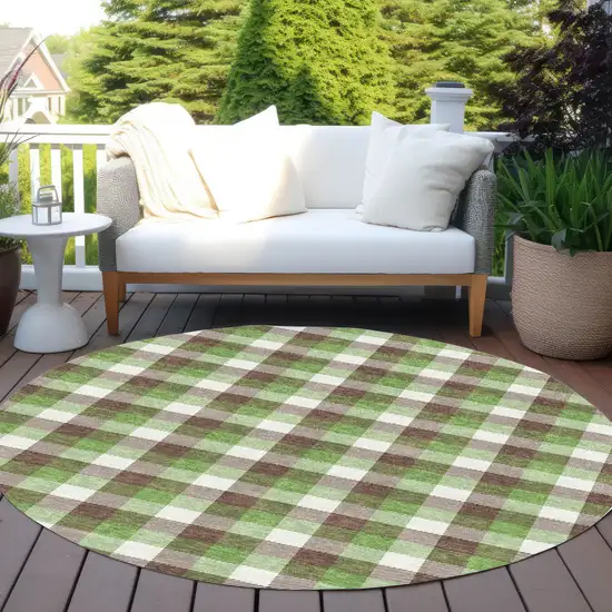 8' Brown Green And Beige Round Plaid Washable Indoor Outdoor Area Rug Photo 5
