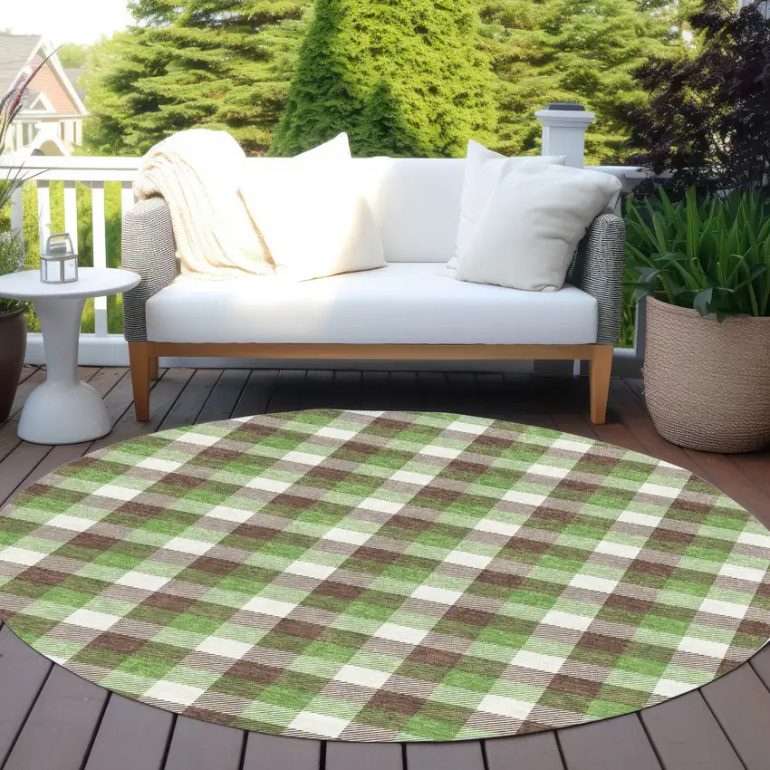 8' Brown Green And Beige Round Plaid Washable Indoor Outdoor Area Rug Photo 5