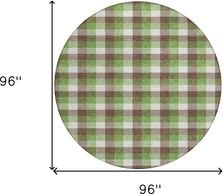 8' Brown Green And Beige Round Plaid Washable Indoor Outdoor Area Rug Photo 7